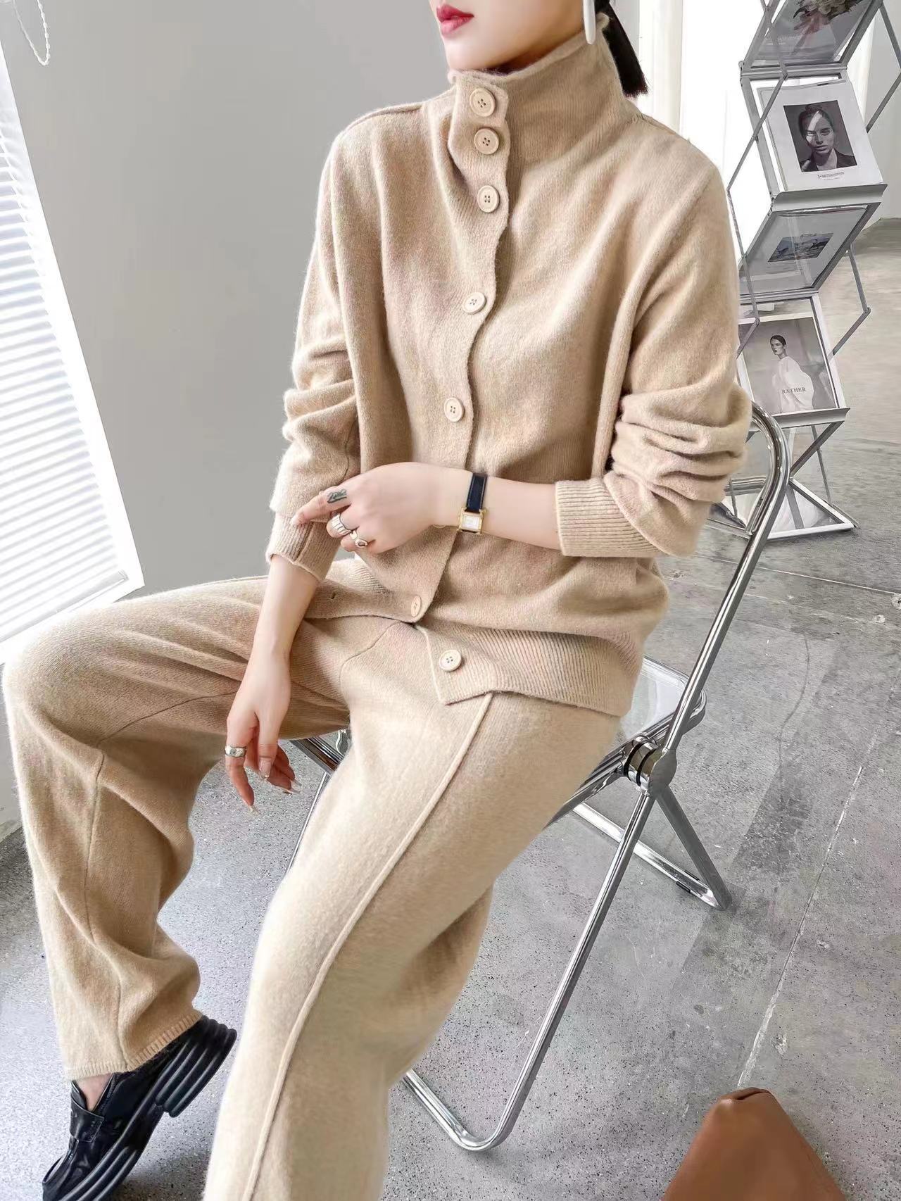 Fashion Two Pieces Knitted Suits for Women-Suits-Khaki-One Size-Free Shipping Leatheretro