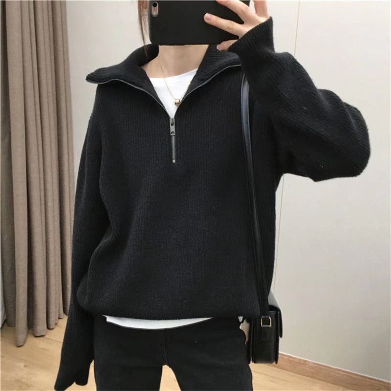 Casual Turnover Zipper Pullover Women Sweaters-Shirts & Tops-Black-One Size-Free Shipping Leatheretro