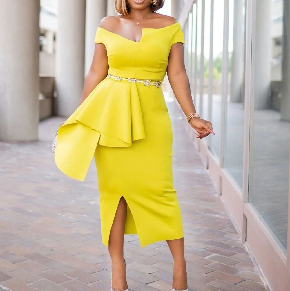 Fashion High Waist Plus Sizes Midi Party Dresses-Dresses-Yellow-S-Free Shipping Leatheretro