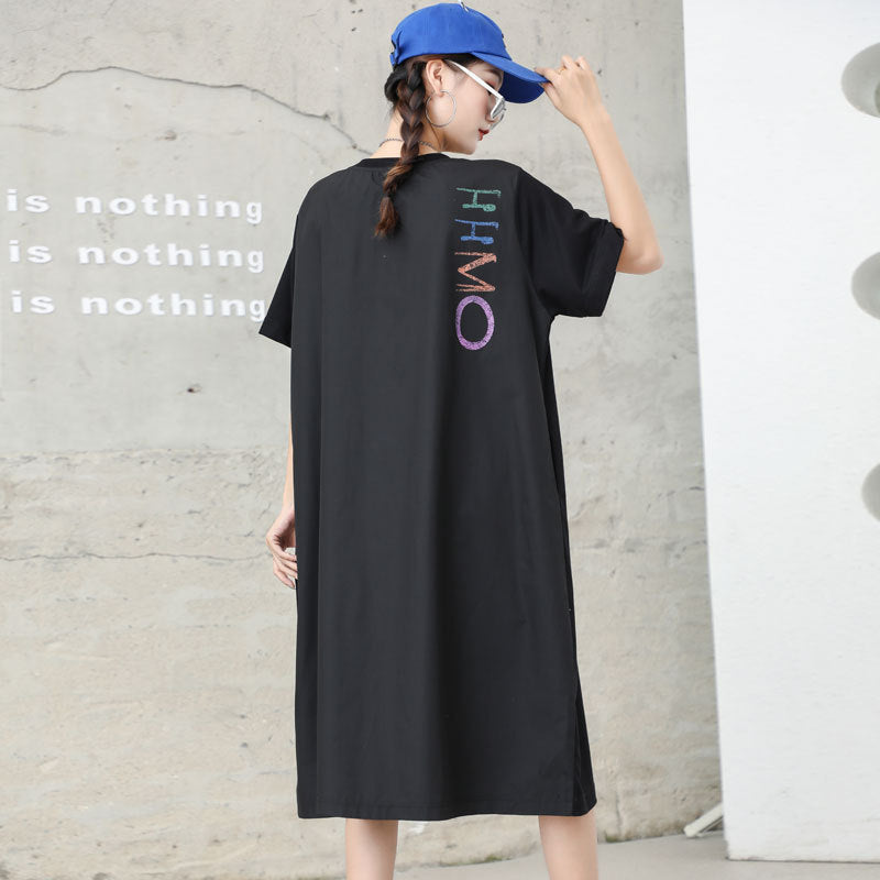 Letter Designed Summer Short Sleeves Plus Sizes Midi Dresses-Dresses-Black-One Size-Free Shipping Leatheretro