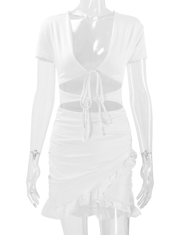 Sexy Deep V Neck Ruffled Bodycon Dresses-Dresses-White-S-Free Shipping Leatheretro