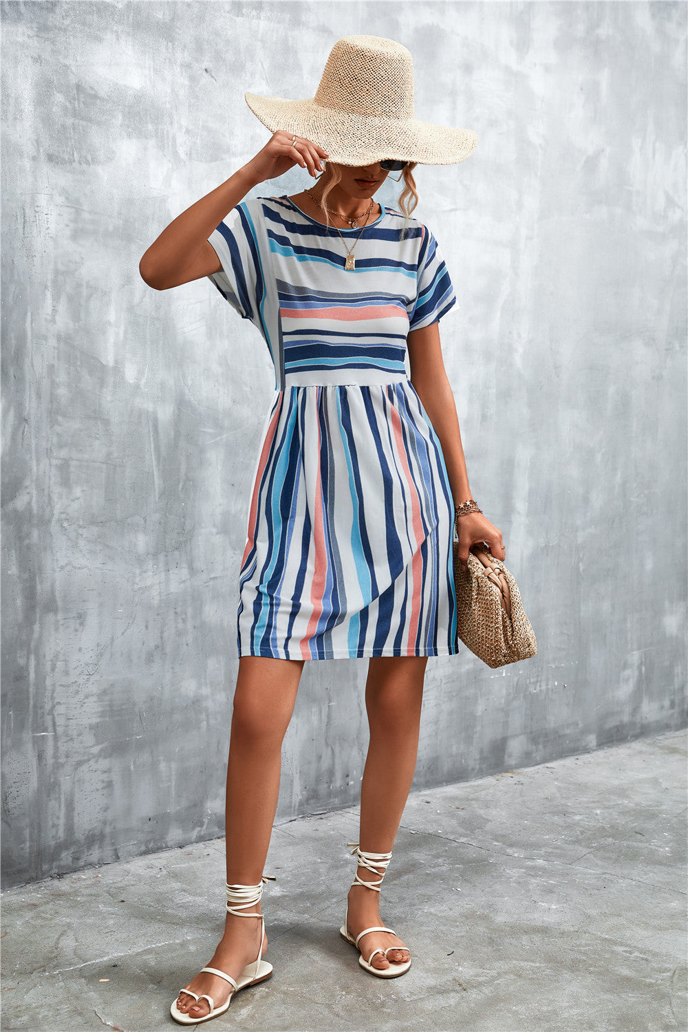 Casual Summer Striped Short Dresses-Dresses-Khaki-S-Free Shipping Leatheretro