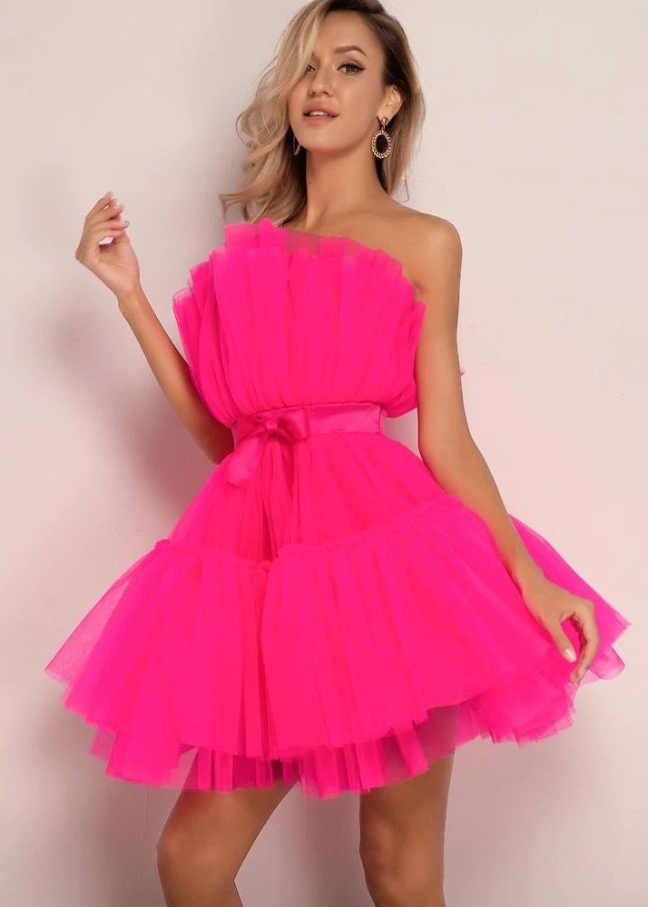 Sexy Strapless Tulle Bowknot Ball Gown Pary Dresses-Dresses-Pink-S-Free Shipping Leatheretro