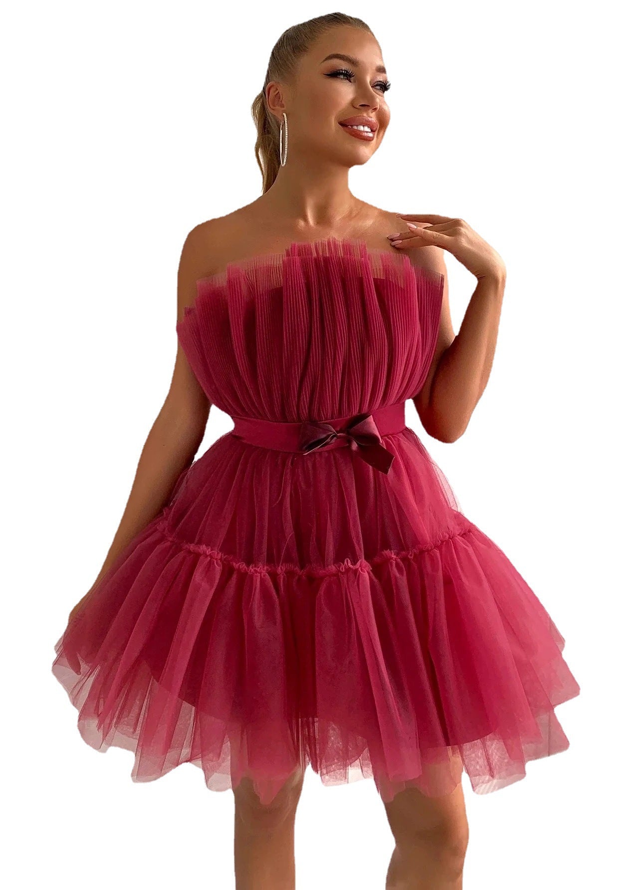 Sexy Strapless Tulle Bowknot Ball Gown Pary Dresses-Dresses-Pink-S-Free Shipping Leatheretro