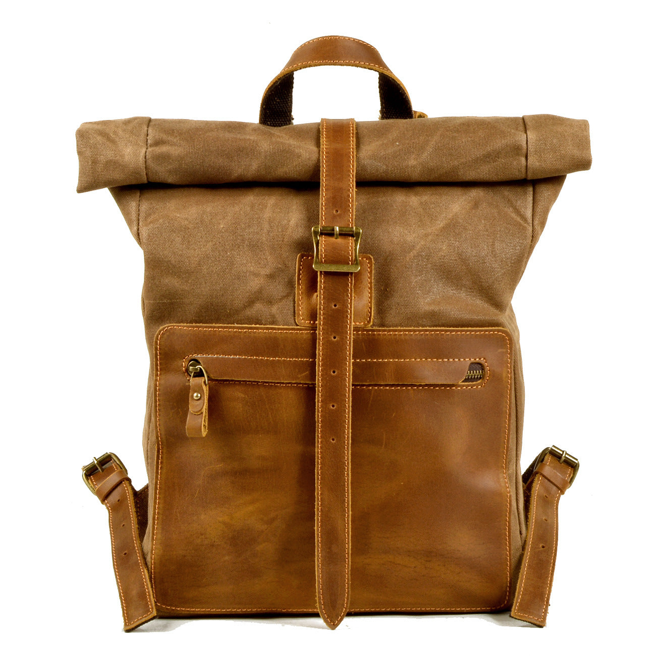 Vintage Leather Waxed Canvas Backpack-Khaki-Free Shipping Leatheretro
