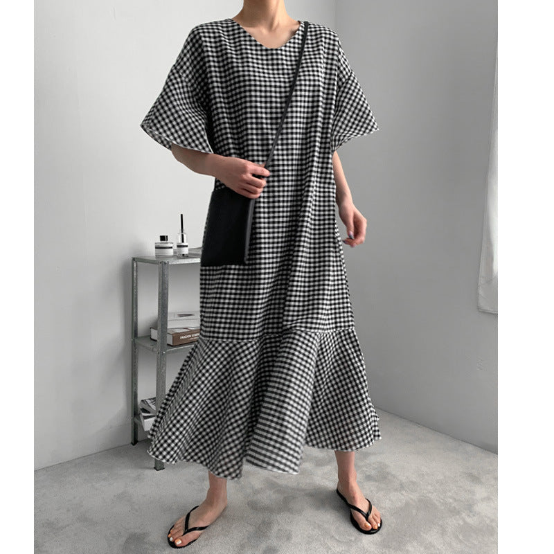 Vintage Summer Plaid Women Long Dresses-Dresses-Black-S-Free Shipping Leatheretro