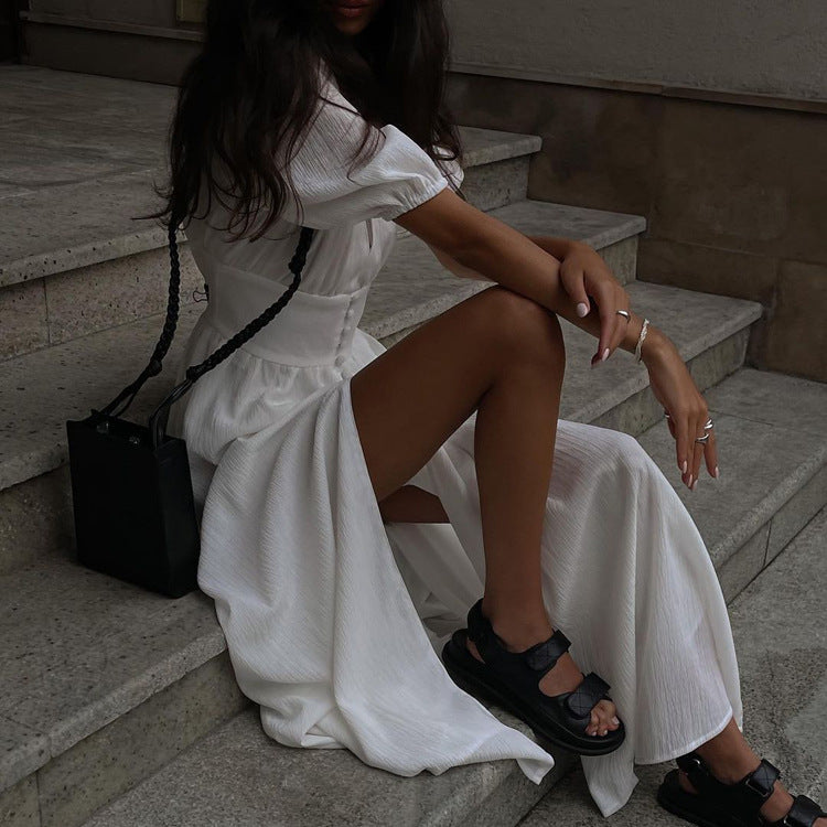 Elegant V Neck Designed Split Front Long Dresses-Dresses-White-S-Free Shipping Leatheretro