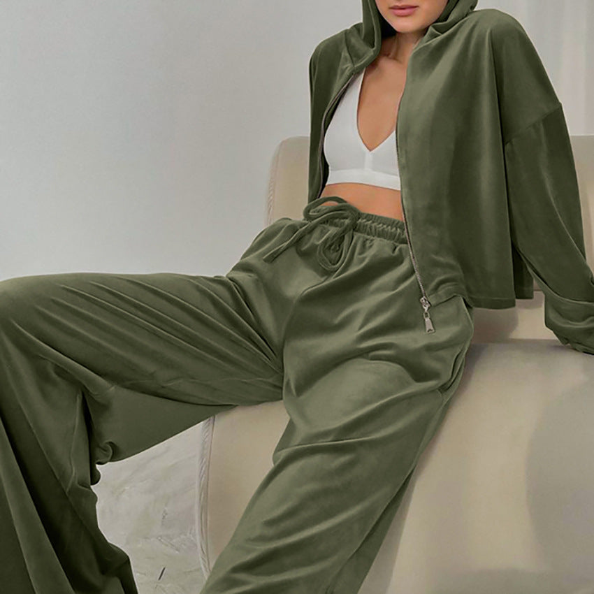 Casual Fashion Pleuch Hoodies & High Waist Pants Women Outfit Sets-Suits-Green-S-Free Shipping Leatheretro