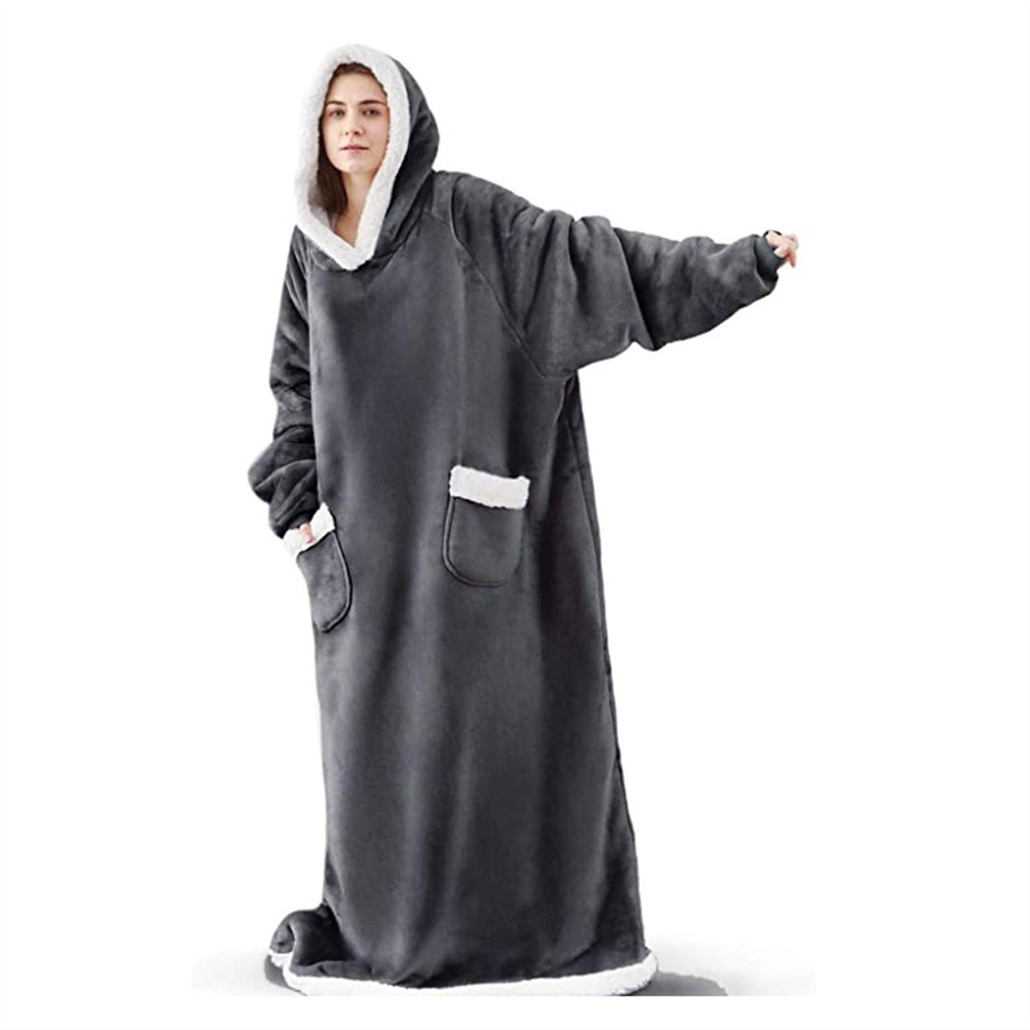 Winter Fleece Warm Long Hoodies Blanket-Sleepwear & Loungewear-Dark Gray-120cm-Free Shipping Leatheretro