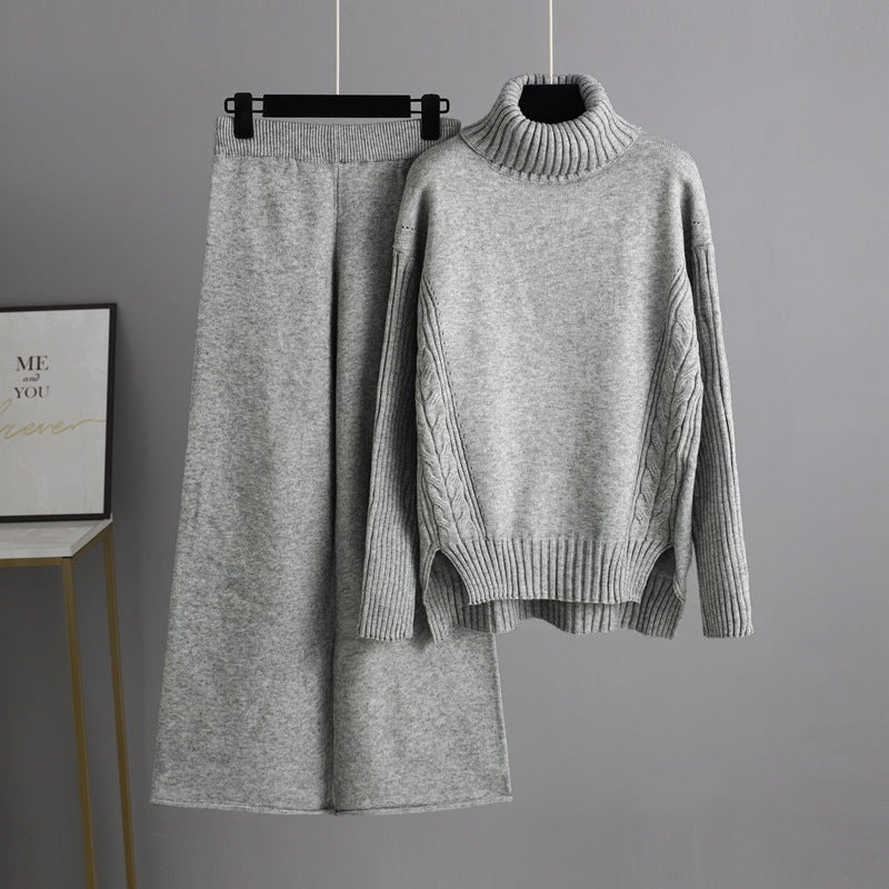 Casual Women Winter Turtleneck Sweaters and Pants Sets-Suits-Gray-One Size-Free Shipping Leatheretro