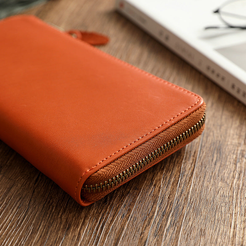 Vintage Vege Tanned Leather Long Zipper Wallets 19055-Handbags, Wallets & Cases-Black-Free Shipping Leatheretro