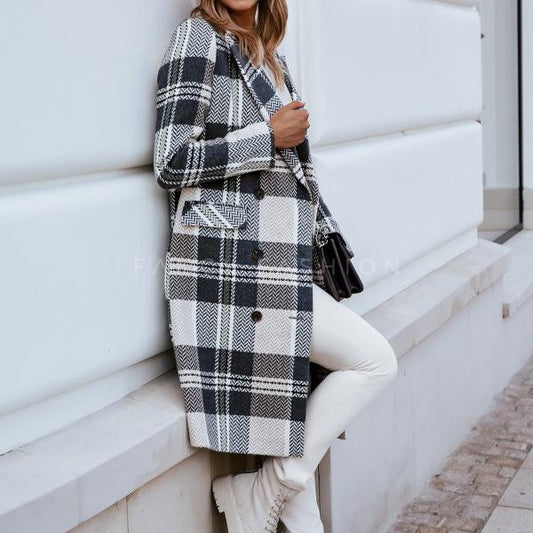 Fashion Women Plaid Woolen Overcoat for Winter-Gray-S-Free Shipping Leatheretro