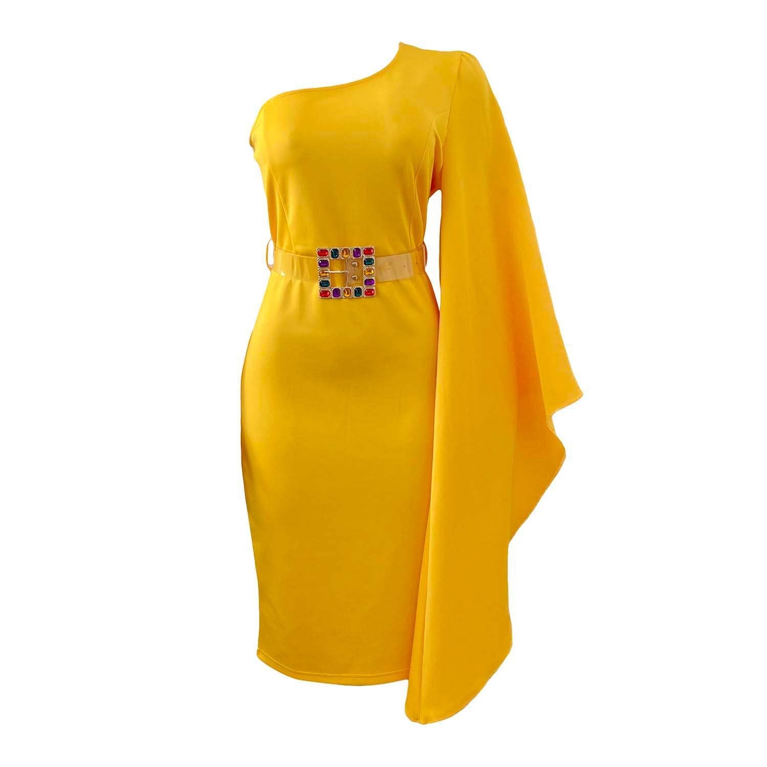 One Shoulder High Waist Plus Sizes Sexy Women Dresses-Plus Size Dresses-Yellow-S-Free Shipping Leatheretro