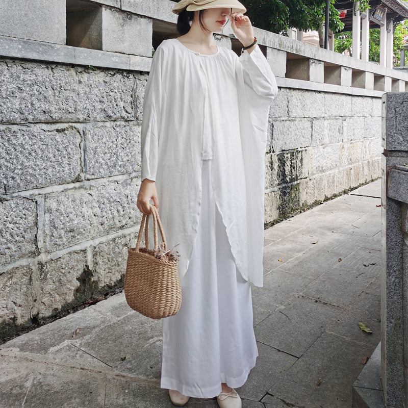 Casual White Long Sleeves Blouses and Linen Pants-Suits-Pants-One Size-Free Shipping Leatheretro