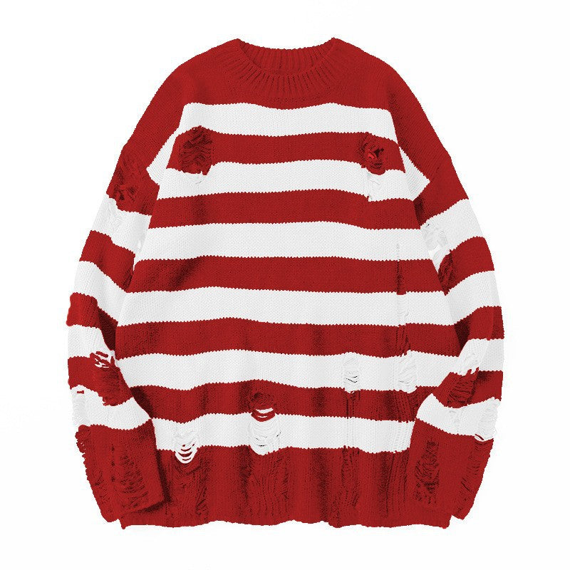 Casual Broken Holes Striped Knitting Sweaters for Couple-Shirts & Tops-Red White-S-Free Shipping Leatheretro