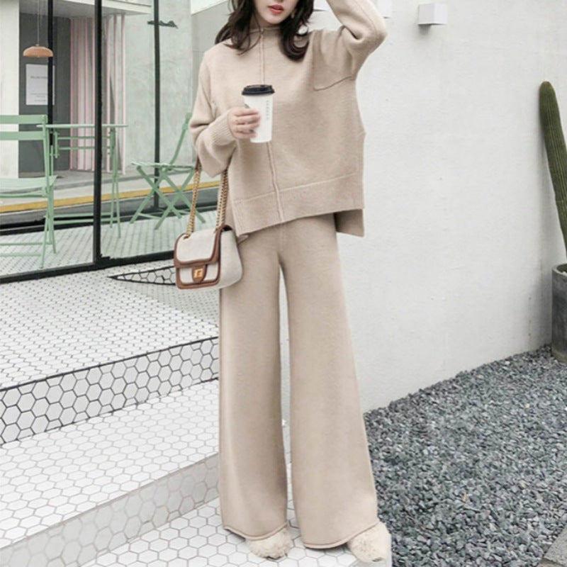 Casual Turnover Collar Two Pieces Knitted Suits for Women-Suits-Apricot-S-Free Shipping Leatheretro