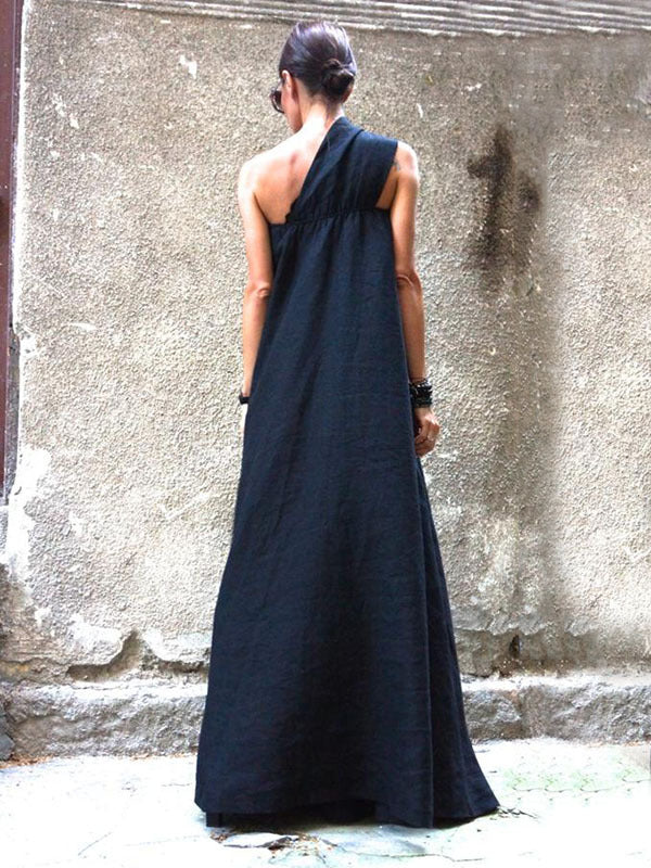 Sexy One Shoulder Sleeveless Designed Dresses-Dresses-Dark Blue-M-Free Shipping Leatheretro