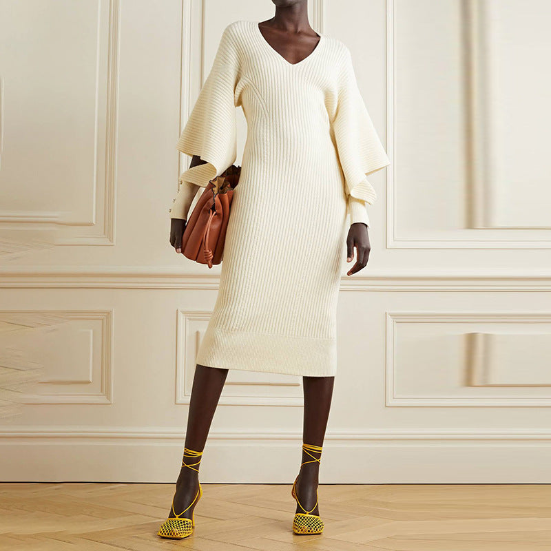 Fashion Designed Midi Length Knitted Dresses-Dresses-Ivory-One Size-Free Shipping Leatheretro
