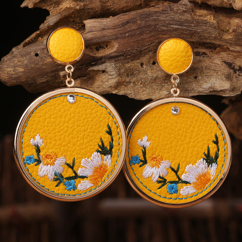Vintage Pu Leather Embroidery Ethnic Earrings for Women-Earrings-Yellow-Free Shipping Leatheretro