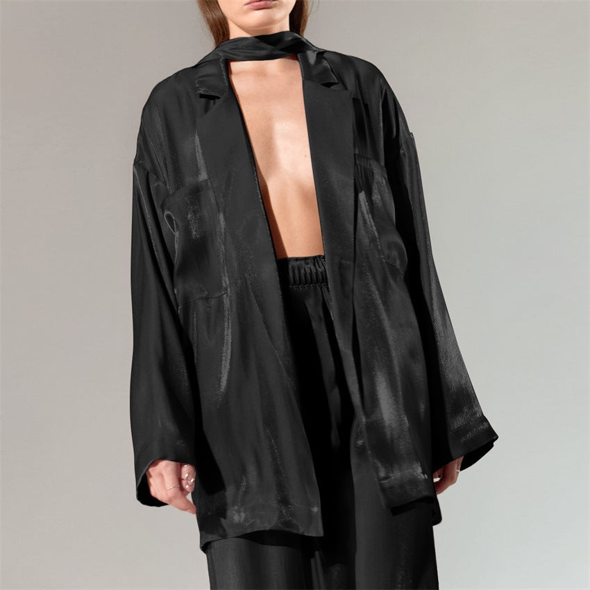 Casual Satin Women Long Sleeves Shirts and Wide Leg Pants-Suits-Black-S-Free Shipping Leatheretro