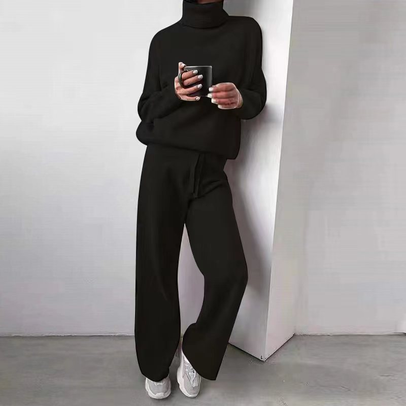 Casual High Neck Two Pieces Knitted Tops & Wide Legs Pants-Suits-Black-S-Free Shipping Leatheretro