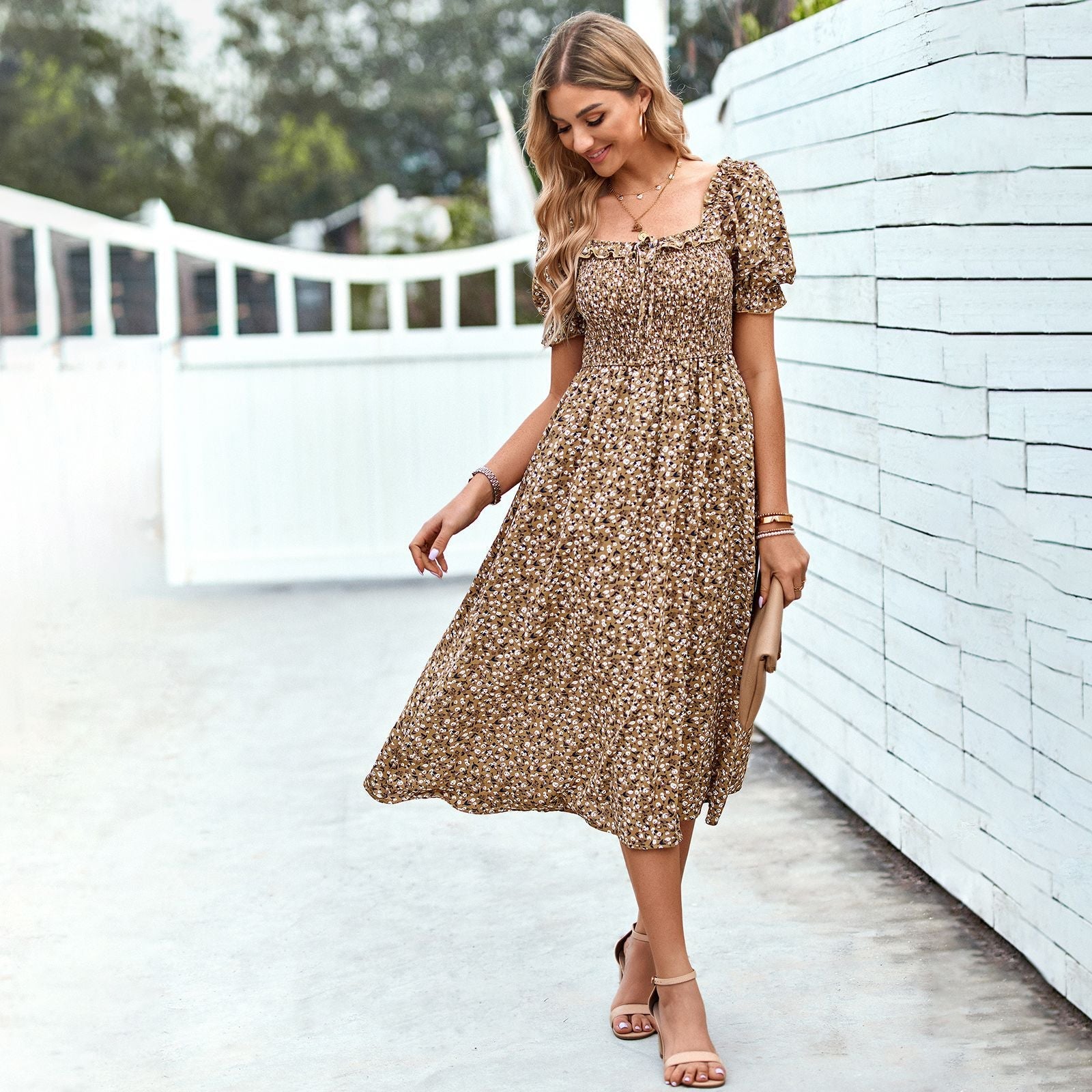 Elegant Square Neckline Summer Midi Dresses-Dresses-Brown-S-Free Shipping Leatheretro