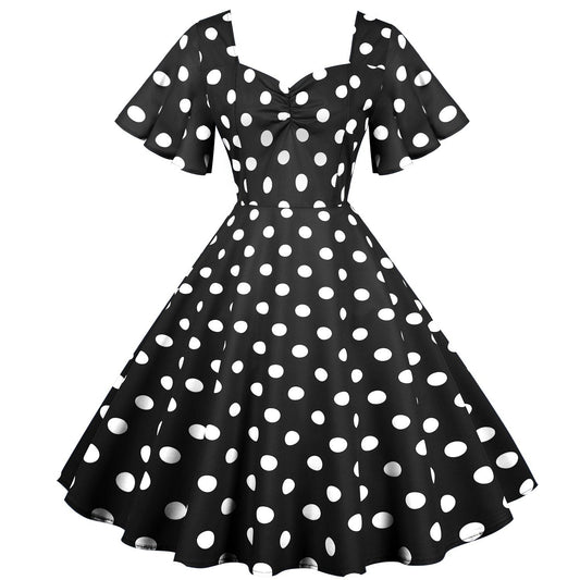 Retro Dot Print Short Sleeves Short Dresses-Vintage Dresses-Black-S-Free Shipping Leatheretro