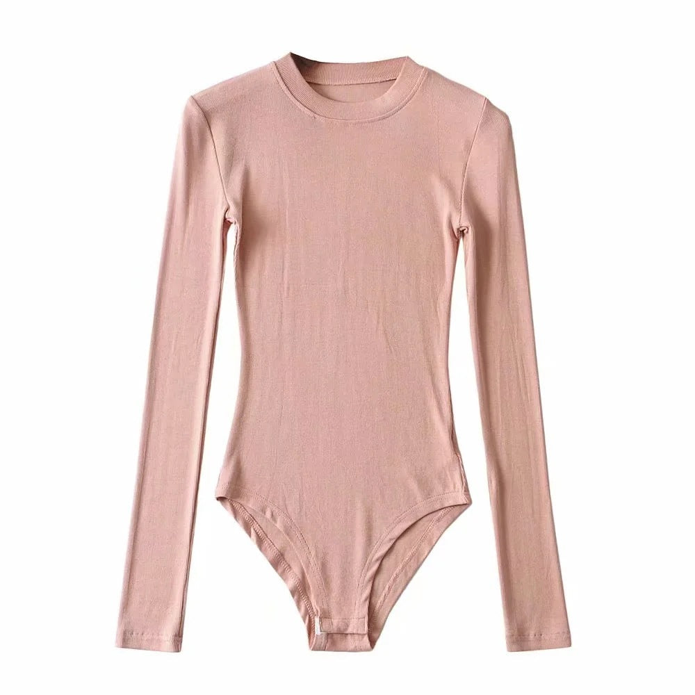 Sexy Tight Round Neck Long Sleeves Romper Shirts-Shirts & Tops-Pink-S-Free Shipping Leatheretro