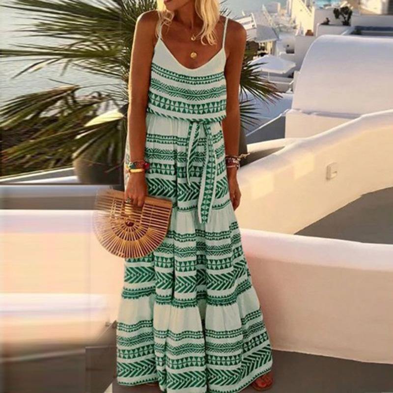 Plus Szie Bohemia V-neck Beach Maxi Dresses-Boho Dresses-Green-S-Free Shipping Leatheretro
