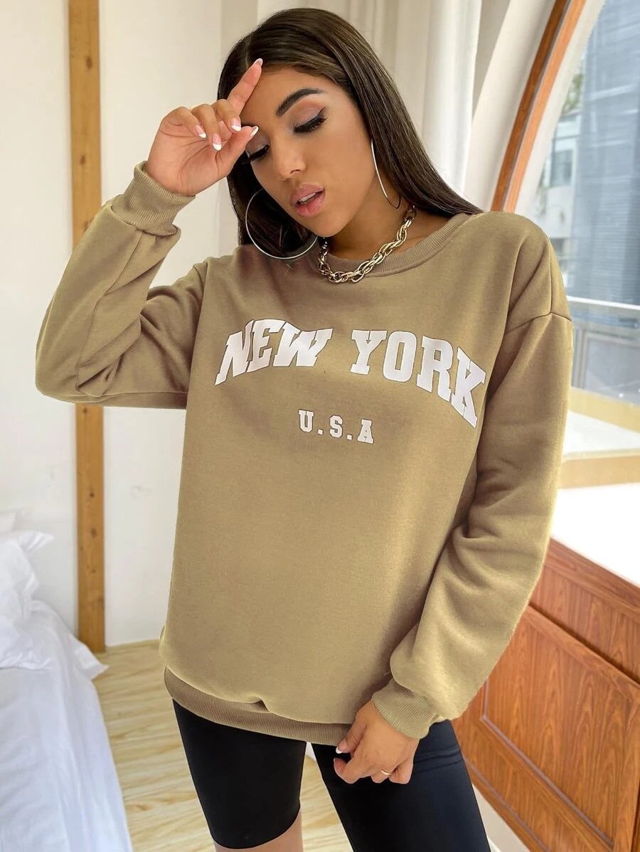 Leisure Women Letter Print Fall Hoodies-Shirts & Tops-Khaki-S-Free Shipping Leatheretro