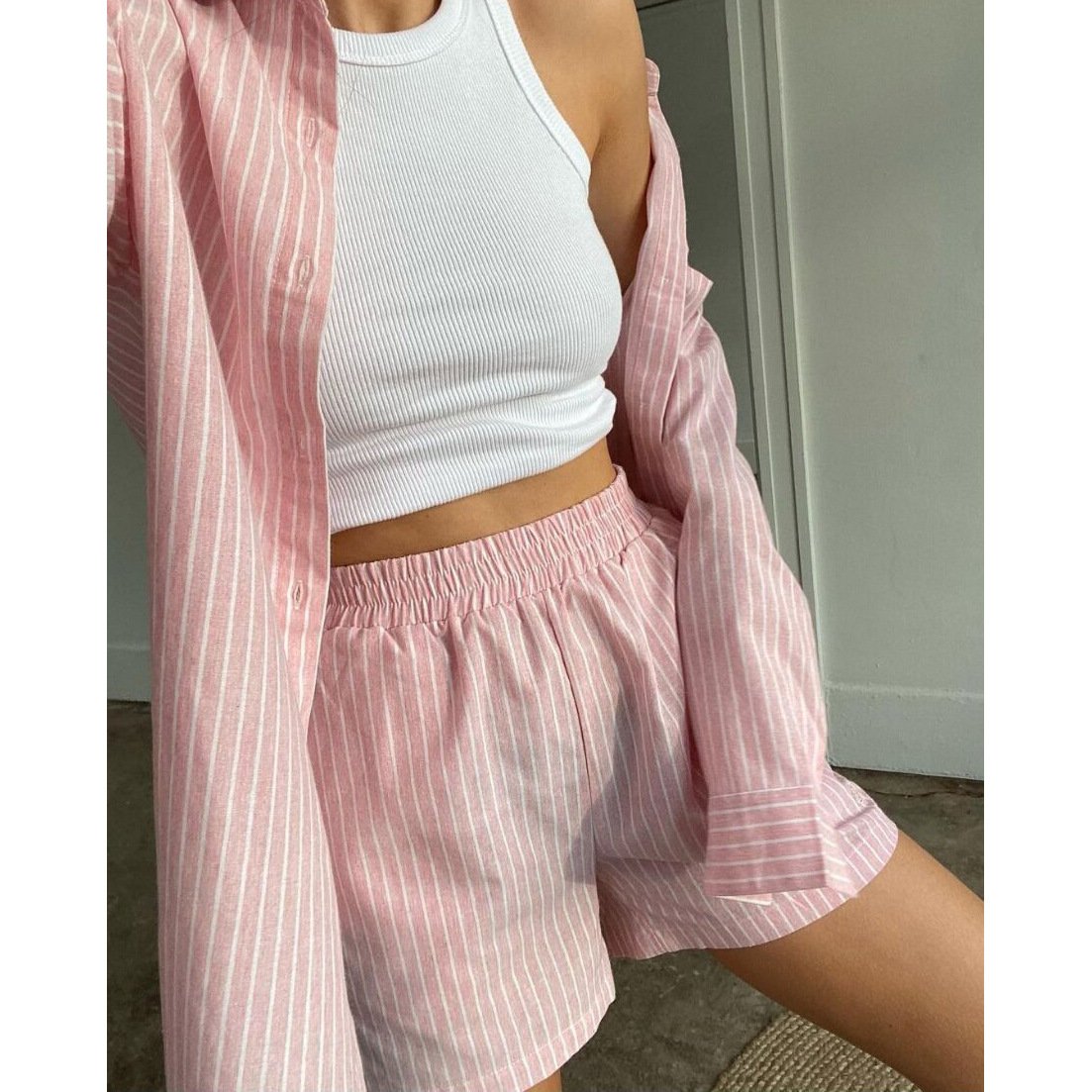 Fashion Leisure Summer Striped Two Pieces Suits-Women Suits-Pink-S-Free Shipping Leatheretro
