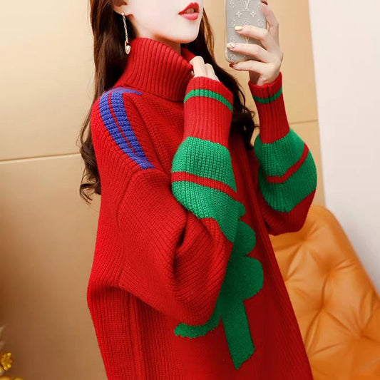 Merry Christmas Turtleneck Tree Design Women Knitting Sweaters-Shirts & Tops-Red-One Size-Free Shipping Leatheretro