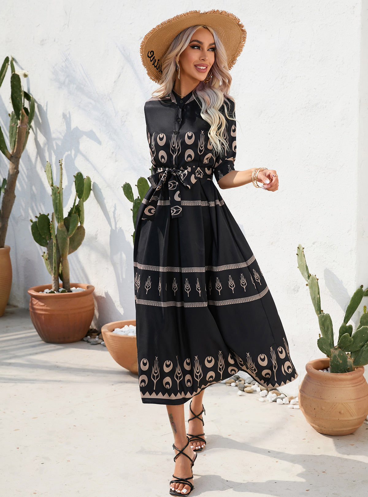 Vintage Summer Half Sleeves Women Midi Dresses-Dresses-Black-S-Free Shipping Leatheretro