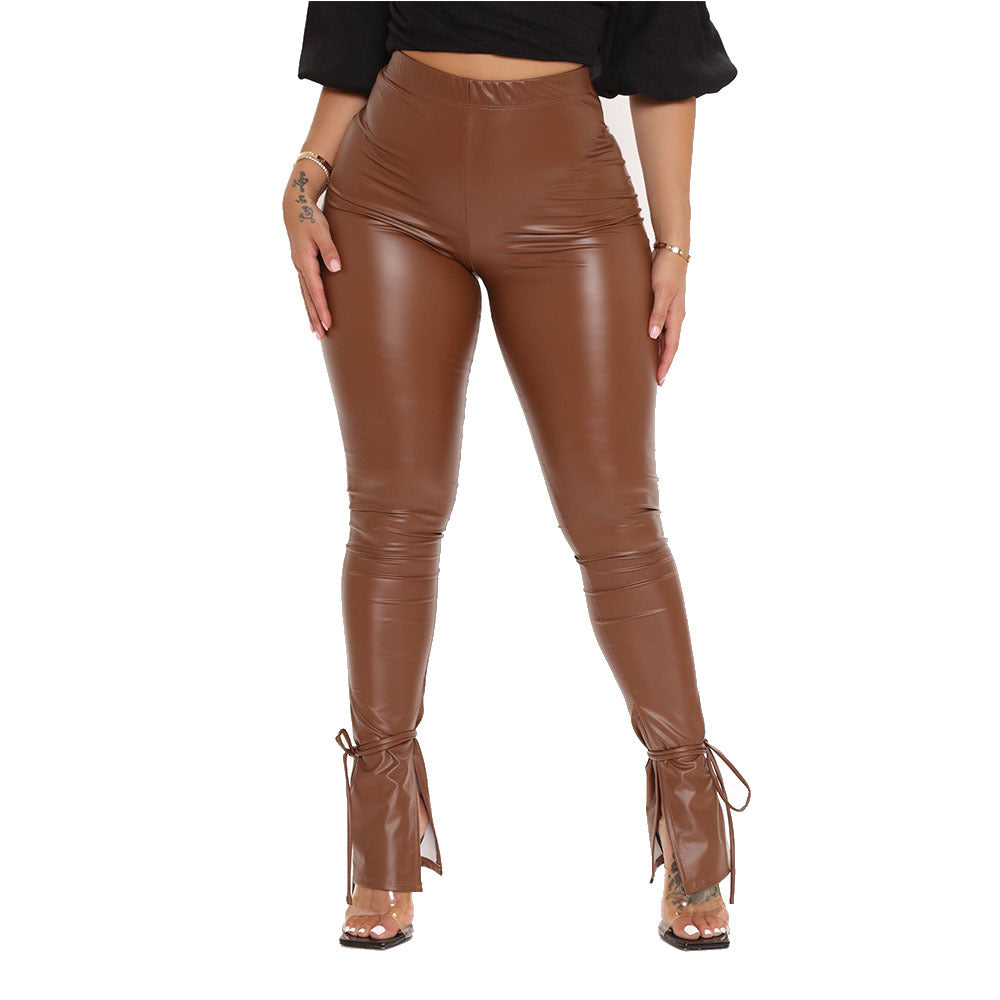 Fashion Elastic Bandage Trumpet Pu Pants-Pants-Brown-S-Free Shipping Leatheretro