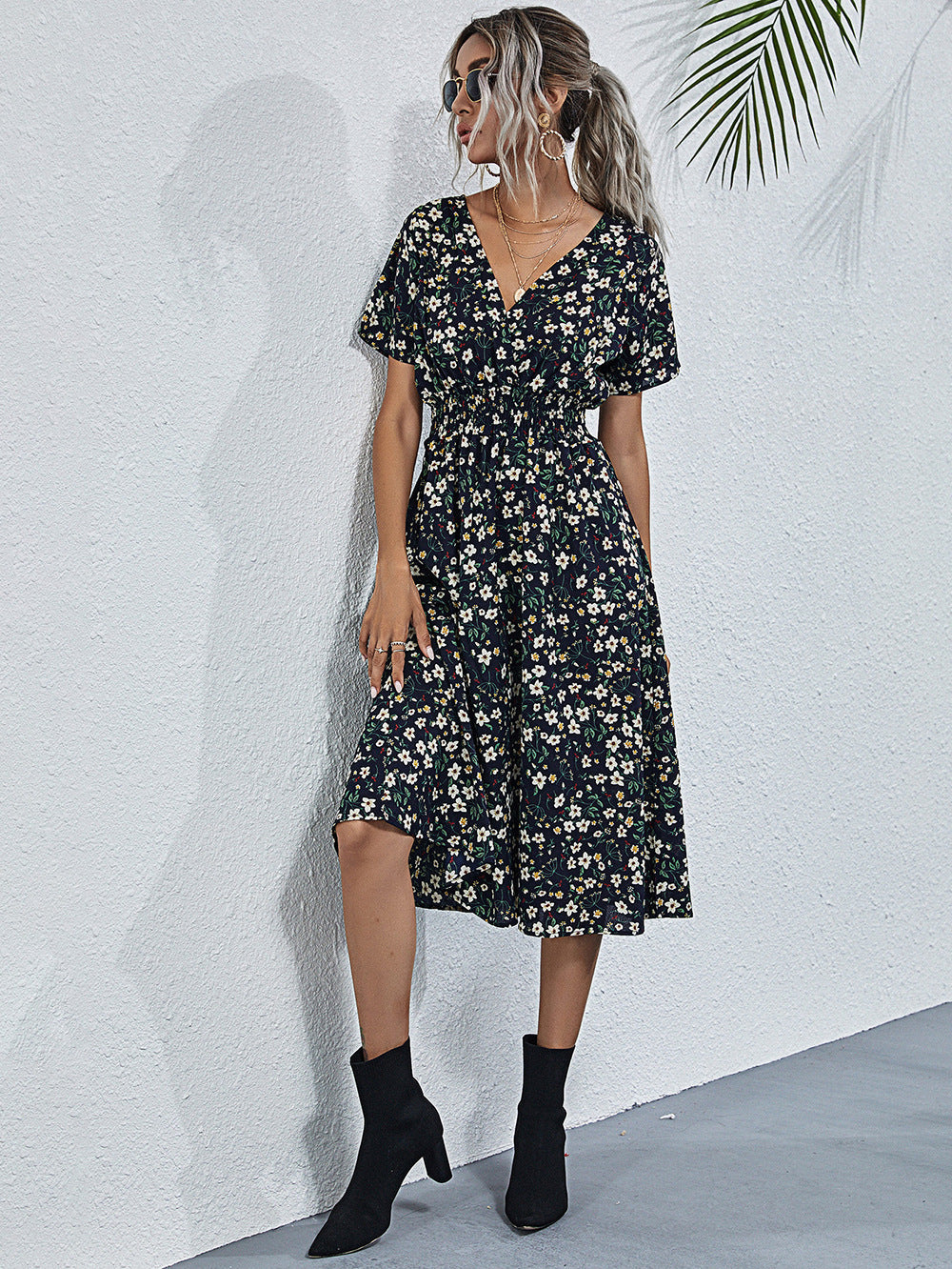Summer Floral Print Short Sleeves Summer Daily Dresses-Dresses-Black-S-Free Shipping Leatheretro