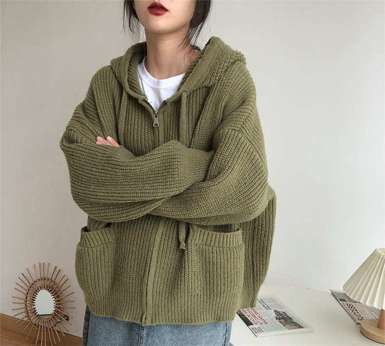 Casual Vintage Knitted Hoodies Cardigan Sweaters-Shirts & Tops-Green-One Size-Free Shipping Leatheretro