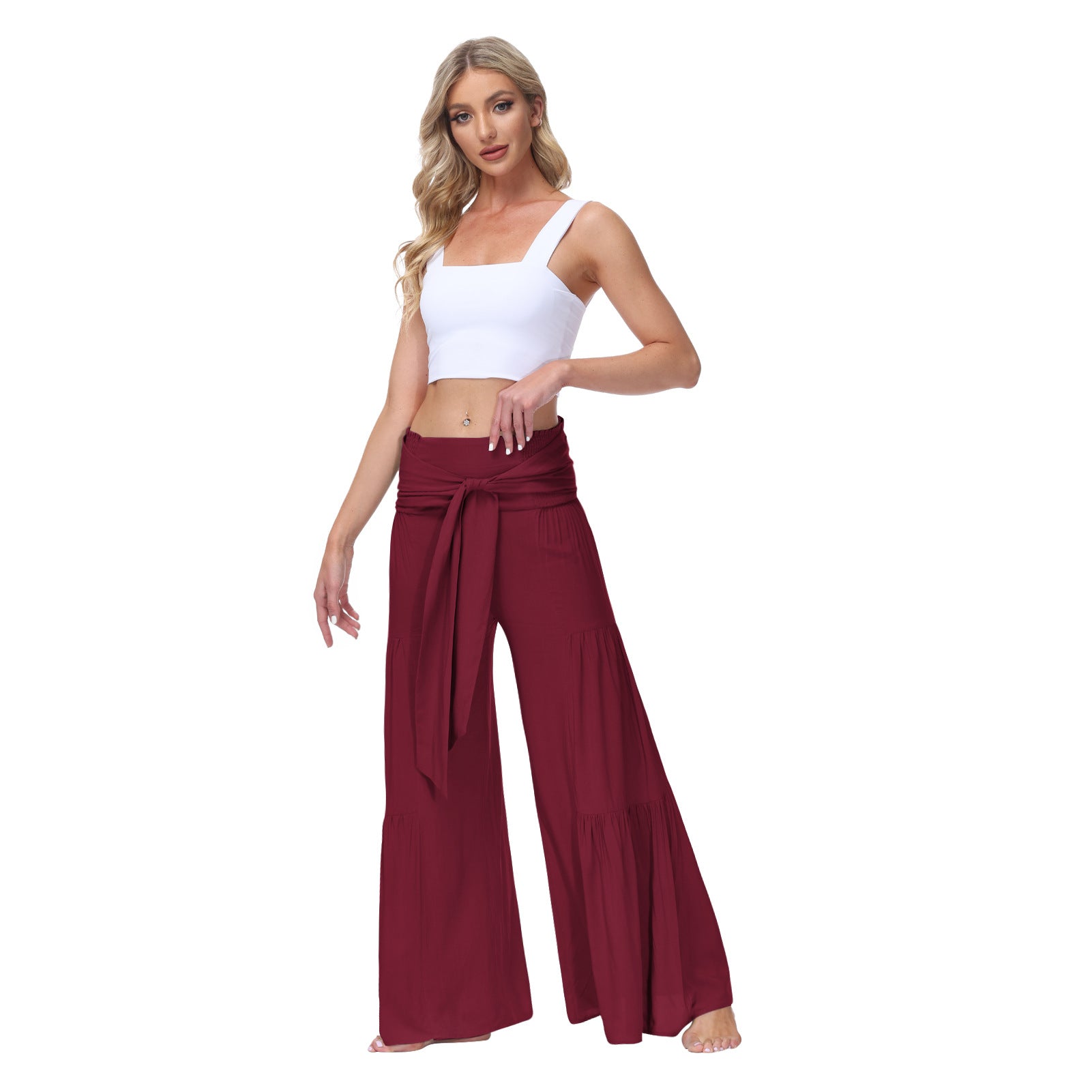 Casual Elastic Waist Wide Legs Pants-Women Bottoms-Wine Red-S-Free Shipping Leatheretro