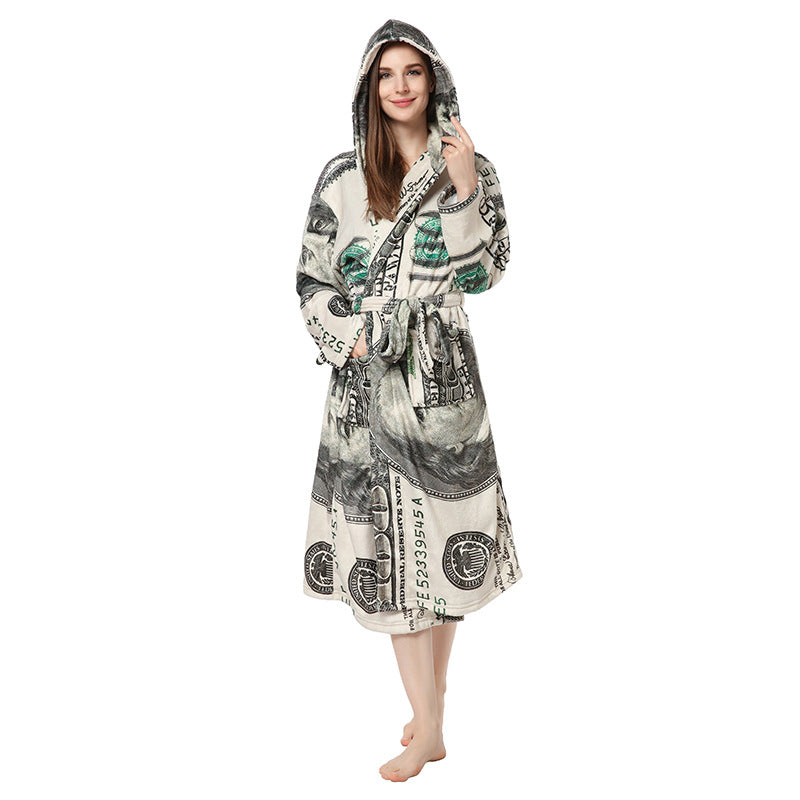 Casual Dollar Print Fleece Warm Sleepwear Night Gown-Sleepwear & Loungewear-Hoody-S-Free Shipping Leatheretro