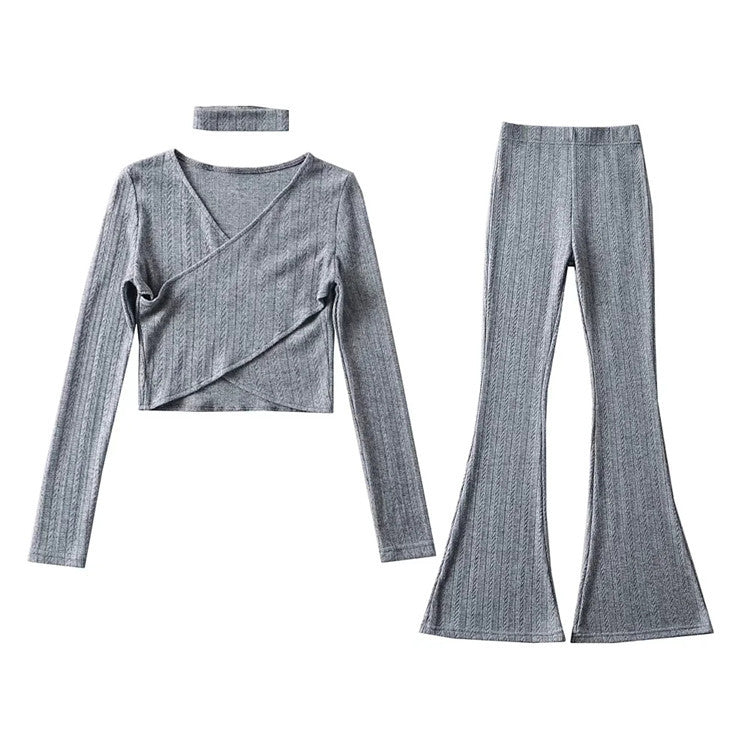 Sexy Designed Knitting Tops and High Waist Trumpet Pants-Suits-Gray-S-Free Shipping Leatheretro