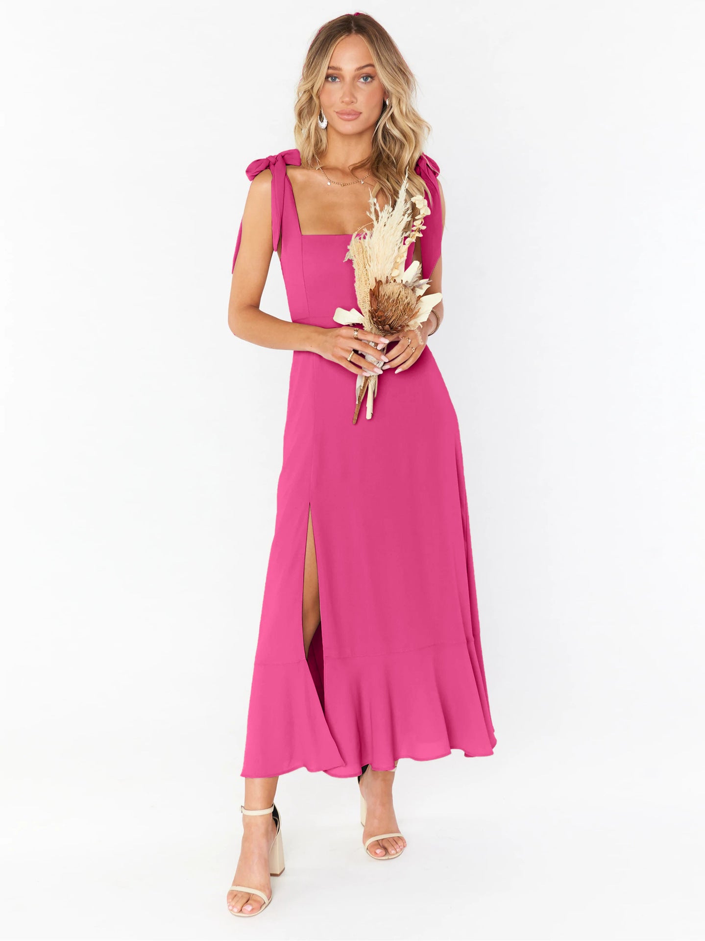 Fashion Summer Split Front Midi Dresses for Women-Dresses-Rose Red-S-Free Shipping Leatheretro
