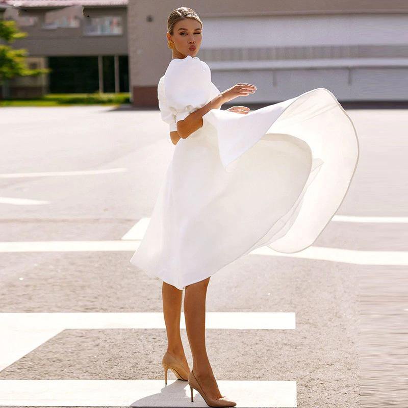 Half Sleeves Sexy Midi Length Dresses-Vintage Dresses-White-S-Free Shipping Leatheretro