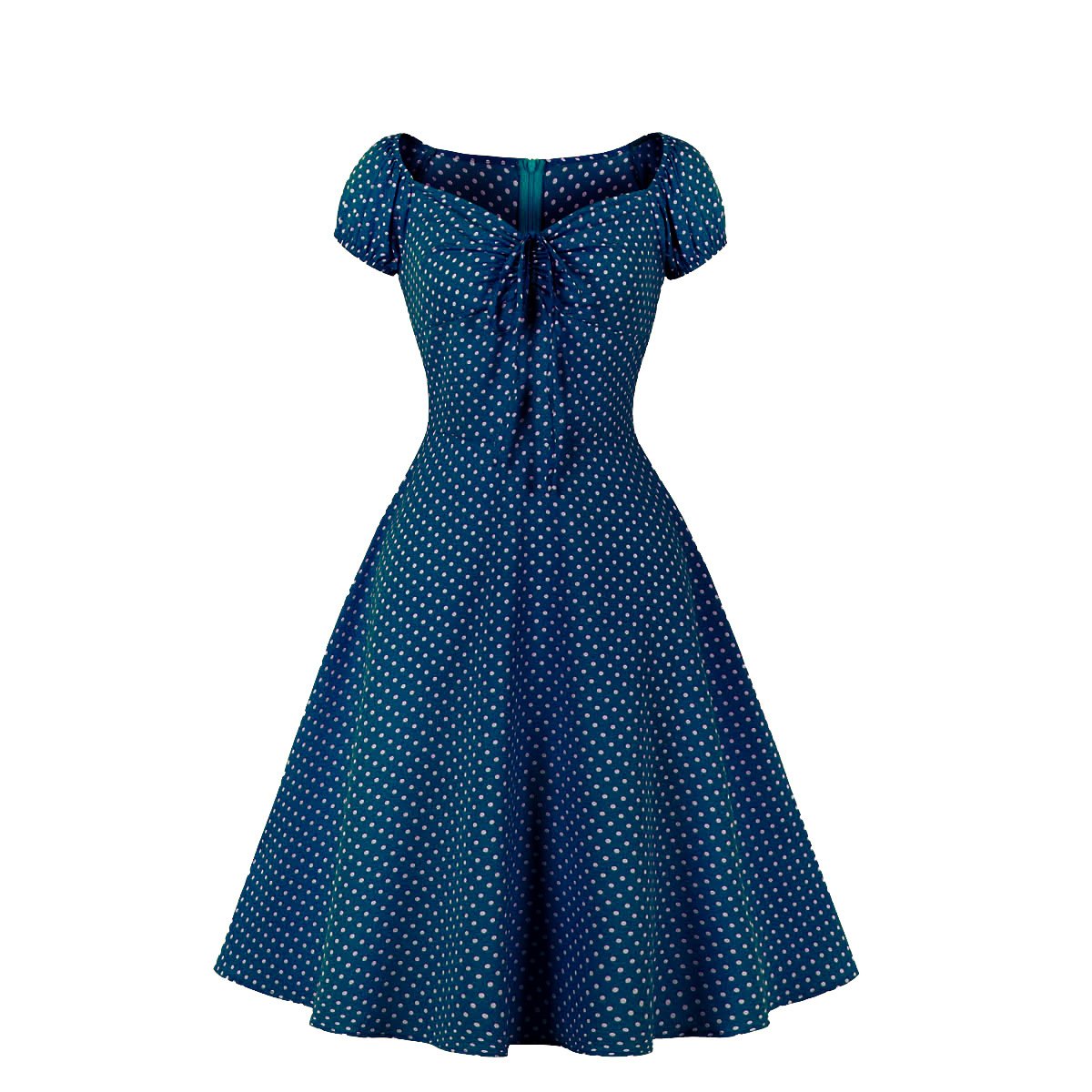 Women Short Sleeves Dot Print Vintage Dresses-Vintage Dresses-Blue-S-Free Shipping Leatheretro