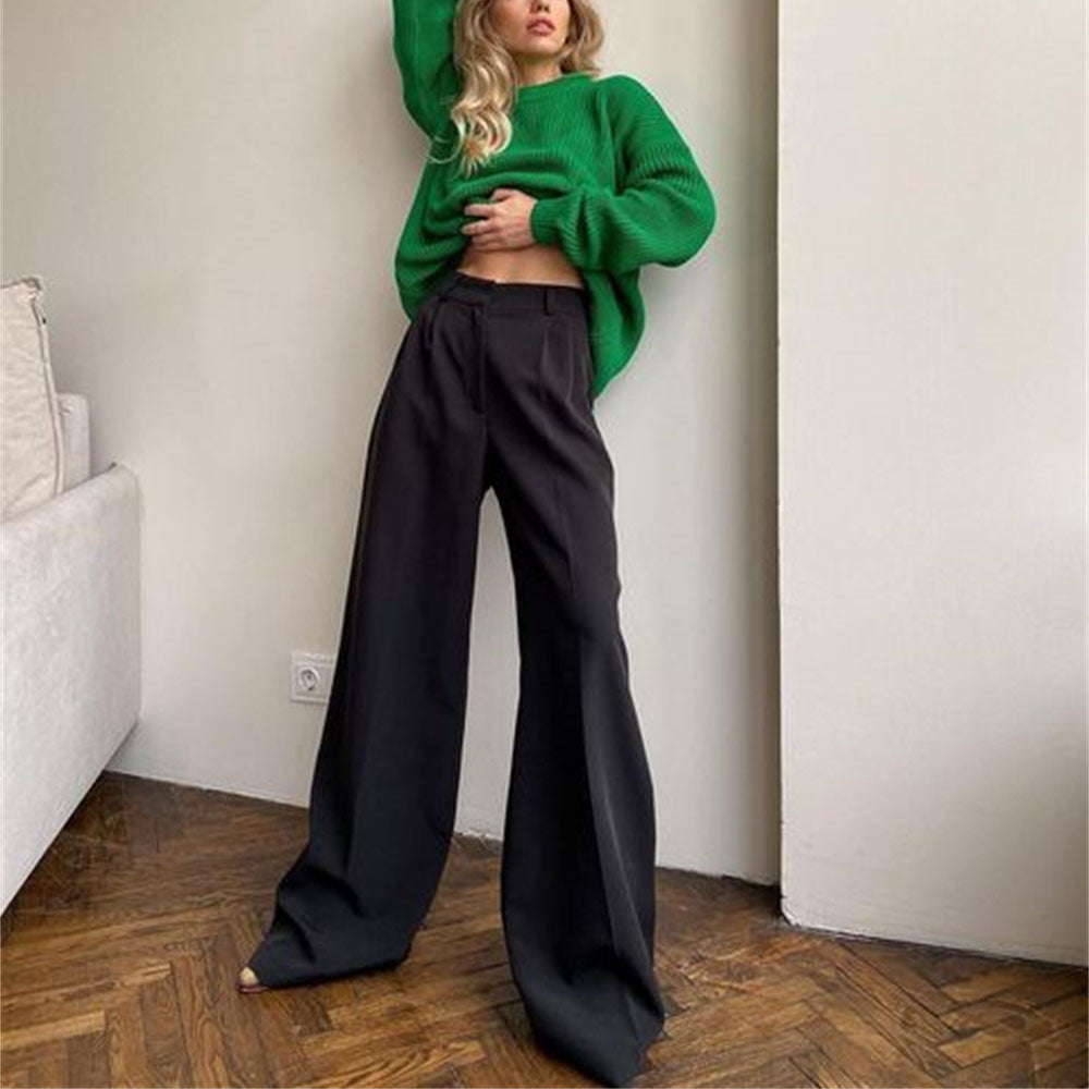 Casual High Waist Women Wide Legs Pants-Pants-Black-S-Free Shipping Leatheretro