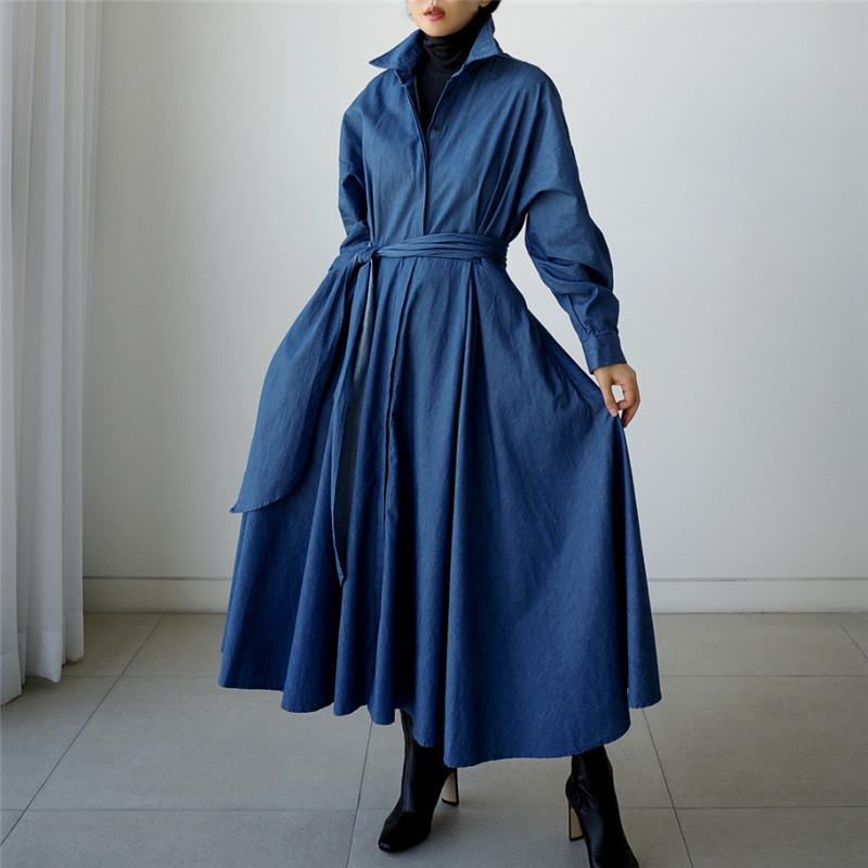 Blue Long Sleeve Loose Denim Shirts Maxi Dresses-Cozy dresses-Blue-S-Free Shipping Leatheretro