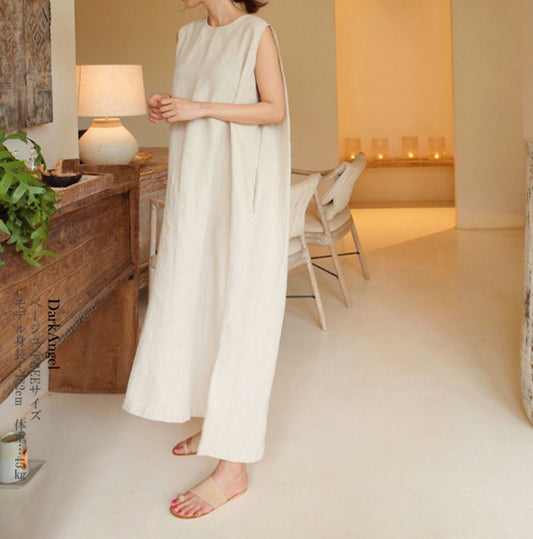 Casual Linen Summer Long Cozy Dresses-Dresses-Khaki-One Size (45-70 kg)-Free Shipping Leatheretro