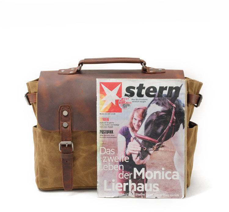 Vintage Waxed Leather Canvas Crossbody Bags for Men 1696-Leather Canvas Bag-Khaki-Free Shipping Leatheretro