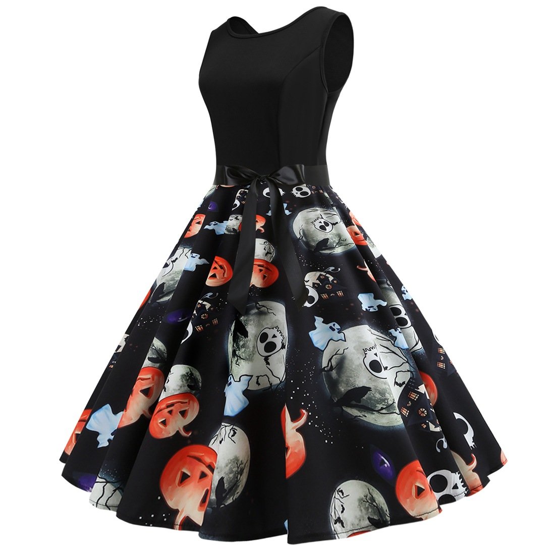 Vintage Pumpkin Skeleton Print Dresses-Vintage Dresses-Black-S-Free Shipping Leatheretro