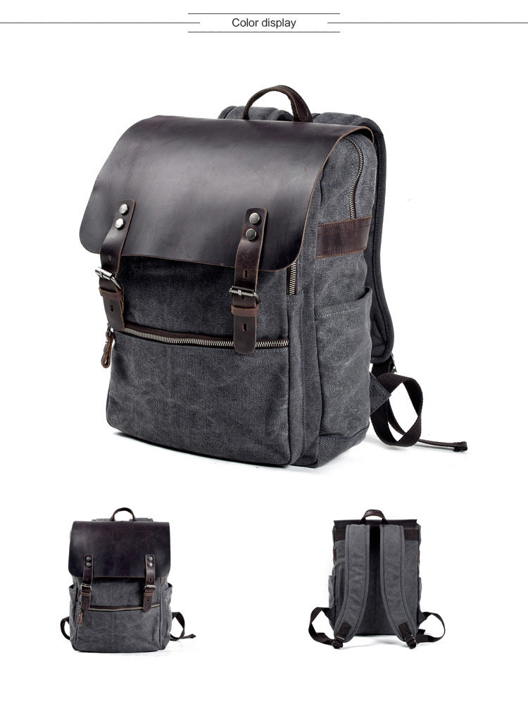 Vintage Cusual Traveling Leather Canvas Laptop Backpack 5073-Backpacks-Coffee-Free Shipping Leatheretro