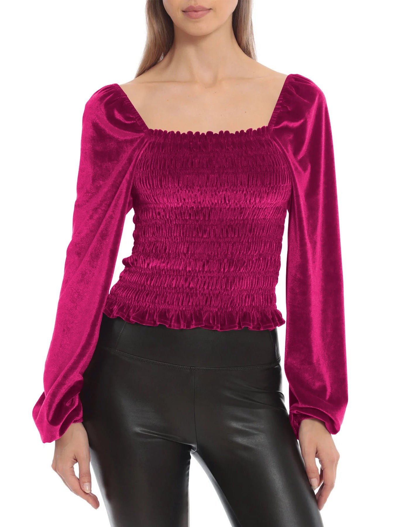 Elegant Designed Velvet Long Sleeves T Shirts-Shirts & Tops-Rose Red-S-Free Shipping Leatheretro