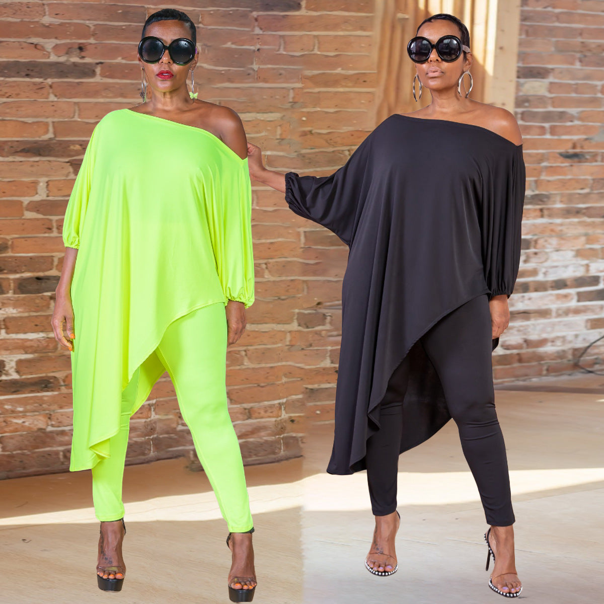 One Shoulder Irregular Bat Sleeves Tops&pants Suits-Suits-Black-S-Free Shipping Leatheretro